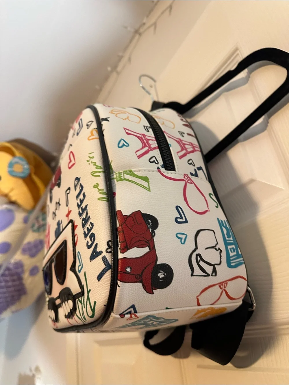 Karl Lagerfeld White Multicolor Graffiti Mini Backpack with Karl Face Applique